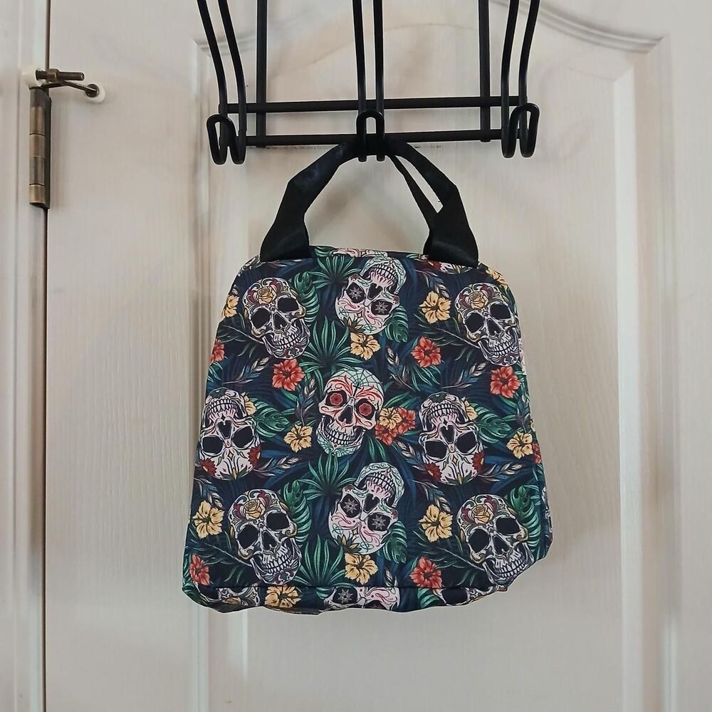 Vibrant All Over Print Sugar Skull Floral Tote Bag Insulated Lunch Box Goth Alt - Picture 2 of 6